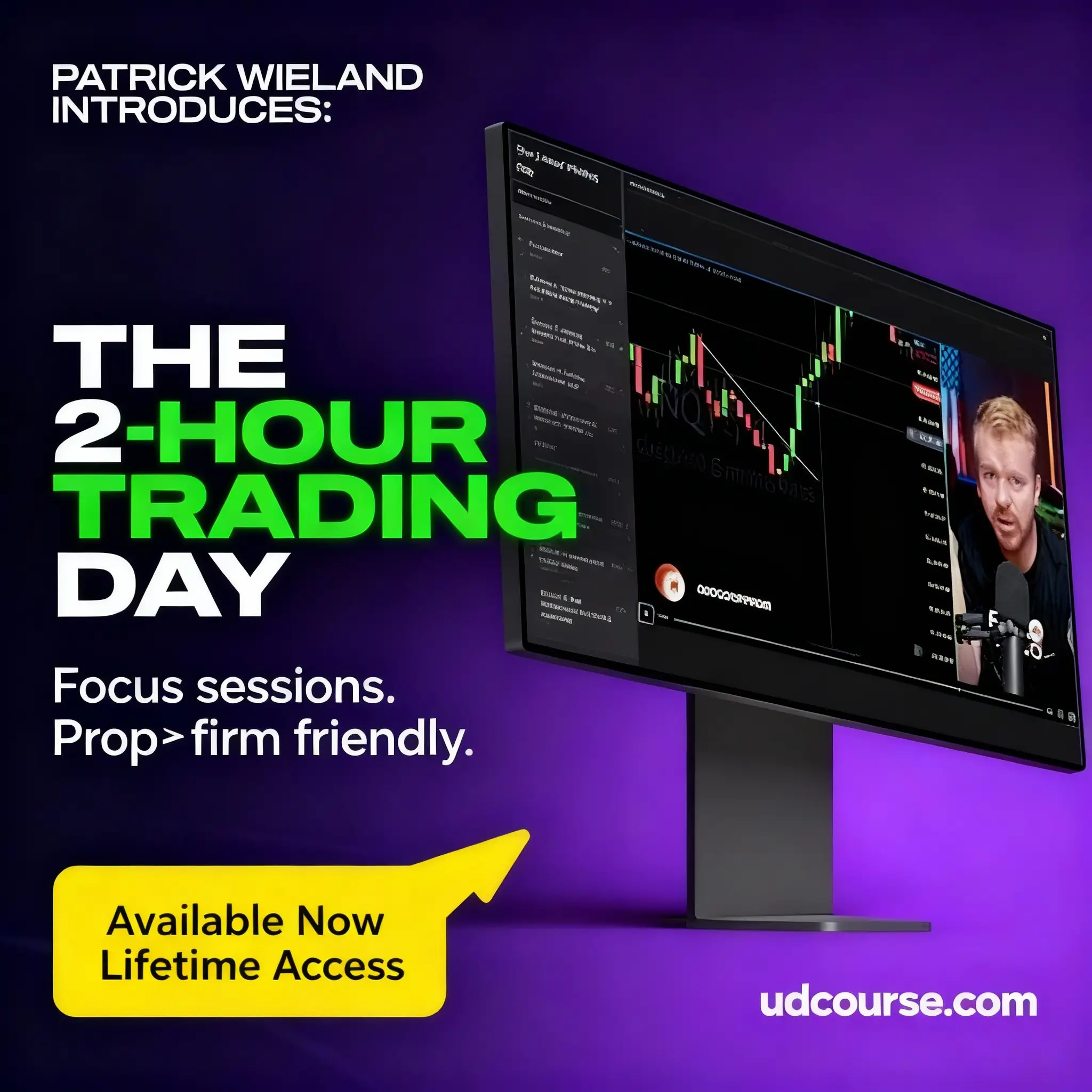OnlyPropFirms The 2‑Hour Trading Day course image with purple‑to‑black gradient, bold headline, trading chart on widescreen monitor, host thumbnail, yellow pointer, and Available Now badge