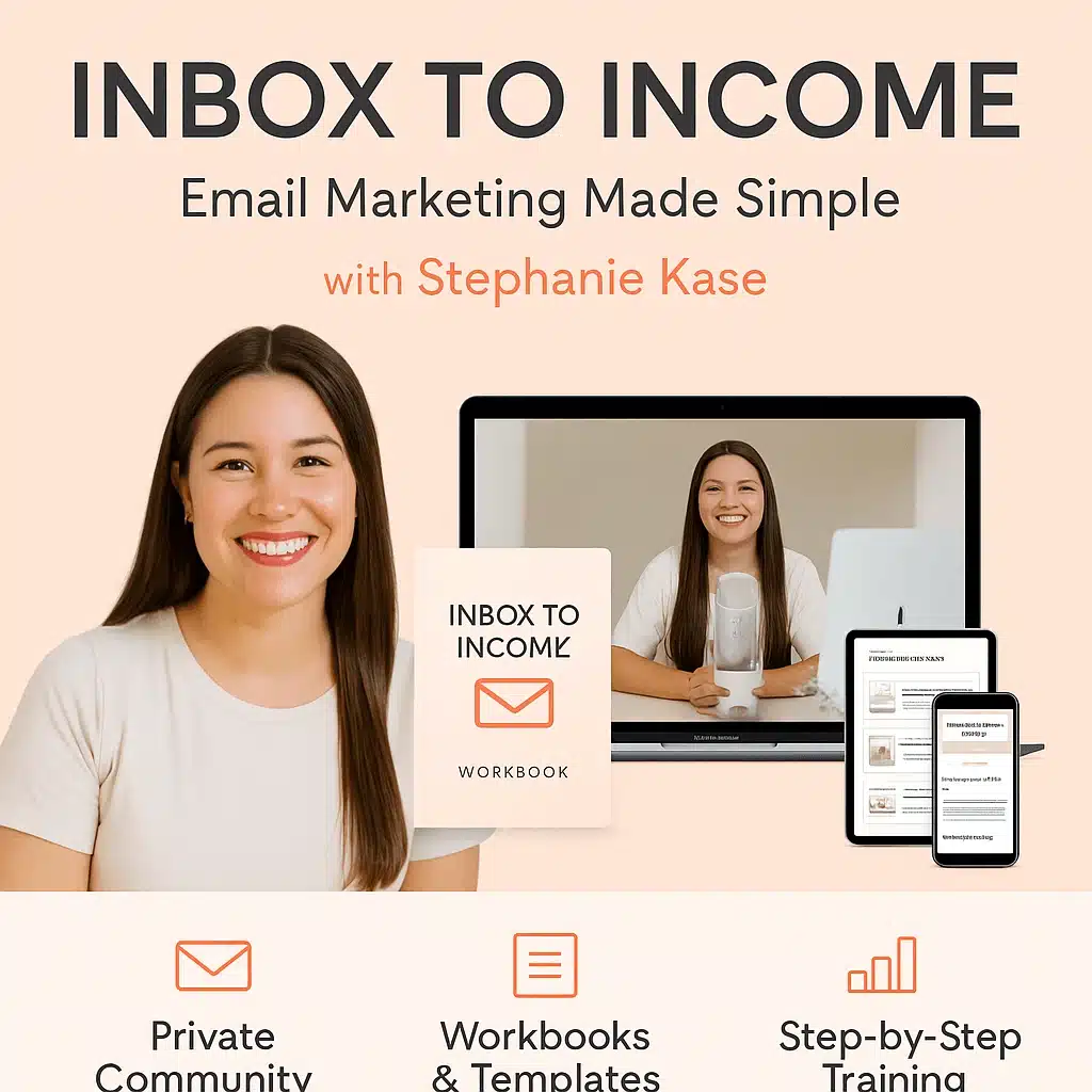 Inbox To Income course by Stephanie Kase showing workbooks, training videos, and digital resources for email marketing success.