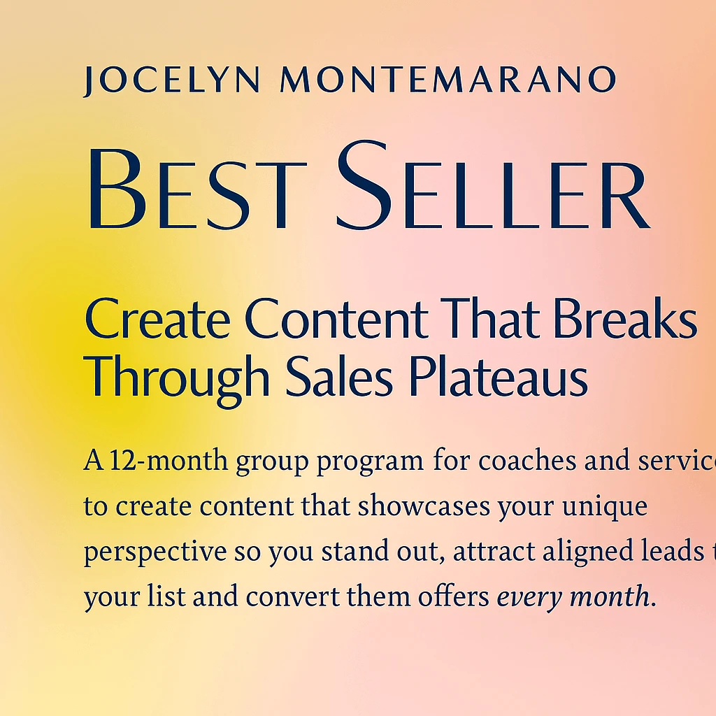 Promotional digital graphic for Jocelyn Montemarano – Best Seller course showing sleek devices with course visuals, clean modern typography, and elegant design in a 1920x1080 layout.