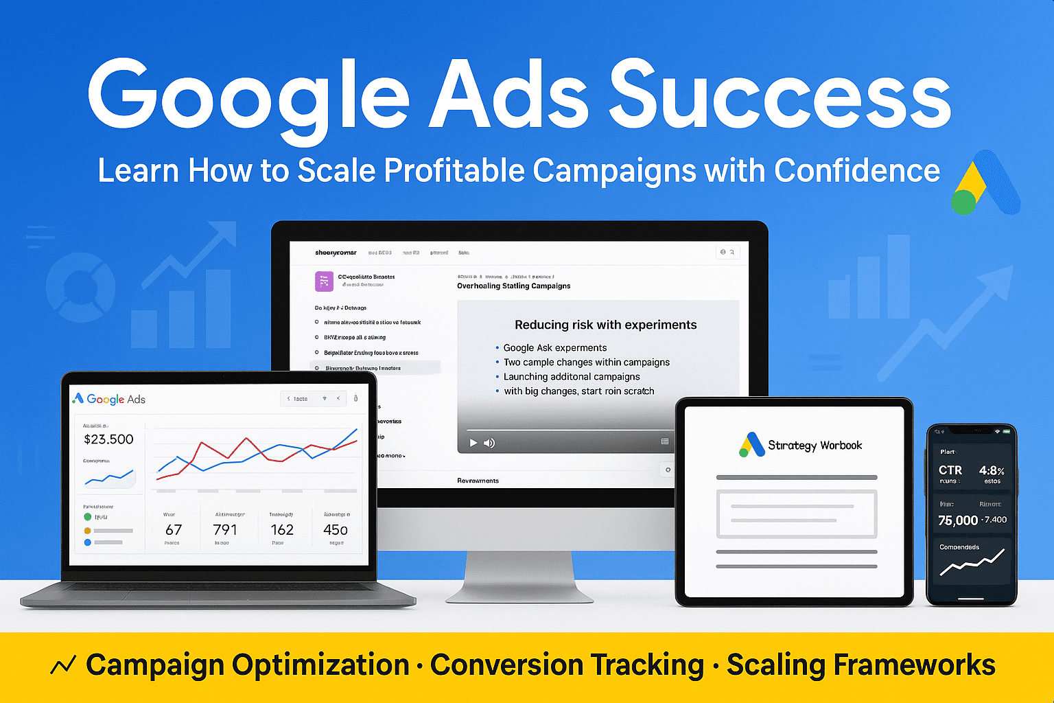 Promotional graphic for Google Ads Success course, featuring devices with training dashboards, ad campaign analytics, and resources for optimization and scaling.
