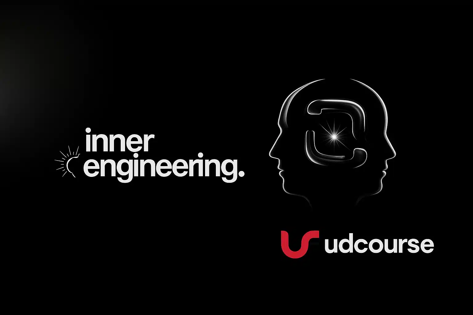 Inner Engineering promotional image with glowing human head profiles, radiant symbol inside, bold white text, and udcourse logo in red and white at the bottom.