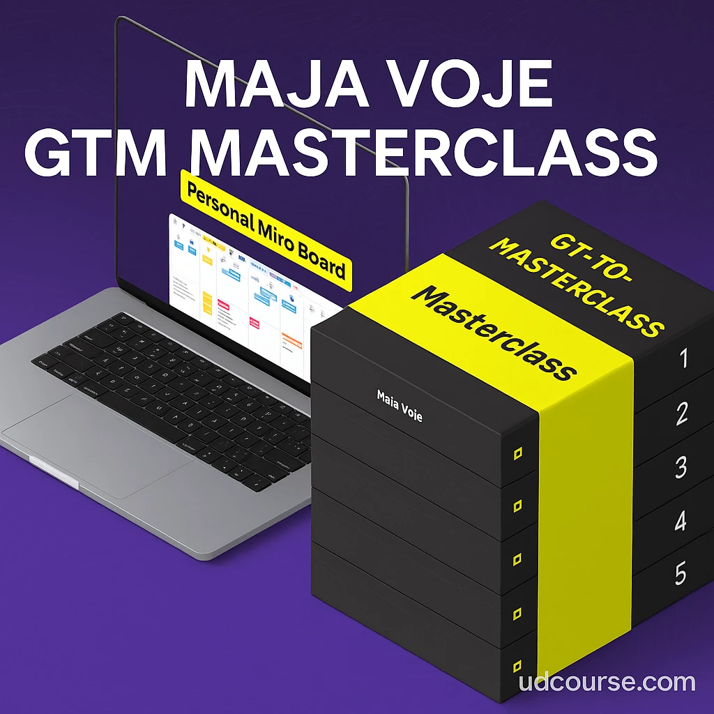 Promotional graphic for Maja Voje’s GTM Masterclass, featuring a laptop with a personal Miro board and stacked black-and-yellow course modules, set against a purple background with udcourse.com watermark.