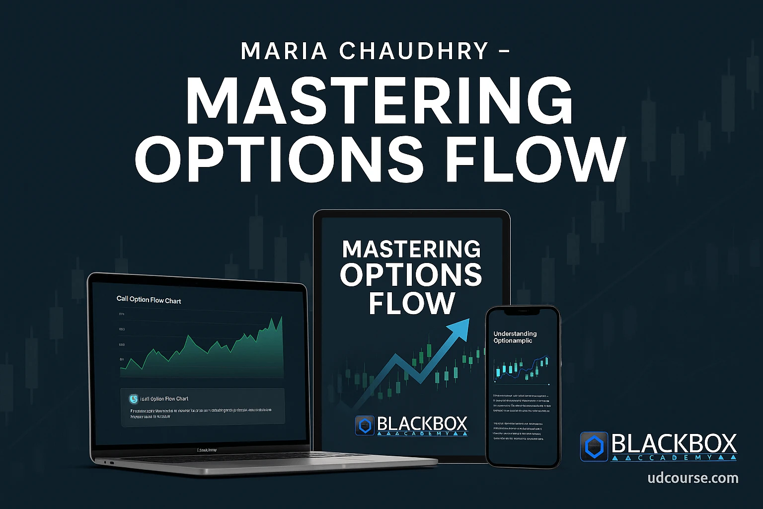Professional wide mockup design for Maria Chaudhry – Mastering Options Flow by BlackBox Academy, featuring digital devices with trading education content and watermark udcourse.com.