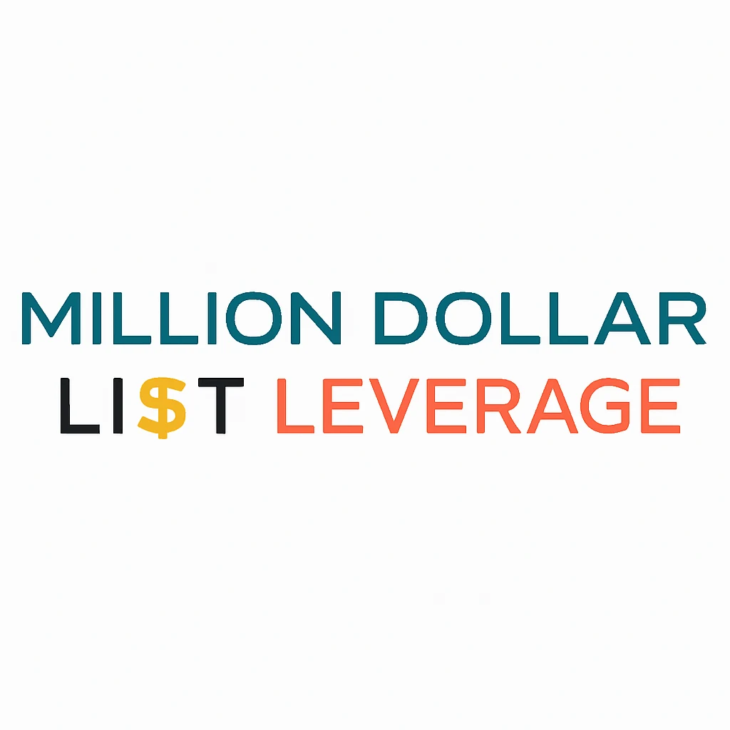 Wide modern flat logo design with the text Million Dollar List Leverage, featuring a gold dollar sign in the word LIST and sleek typography.