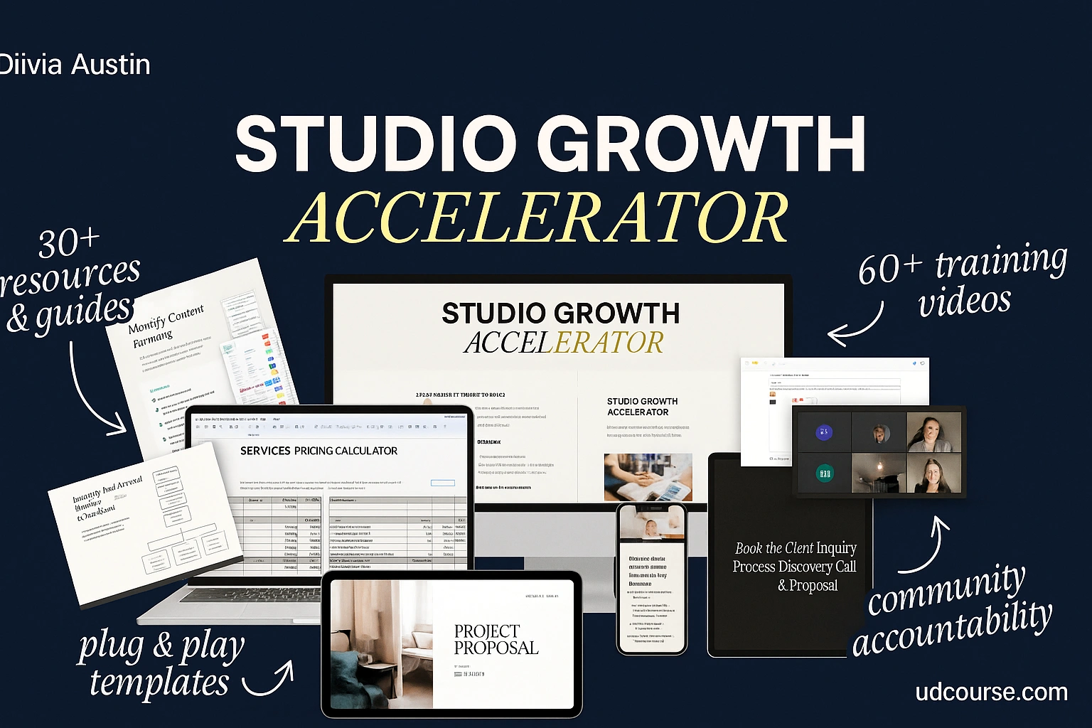 Olivia Austin Studio Growth Accelerator course mockup with training videos, resources, and templates for business growth.