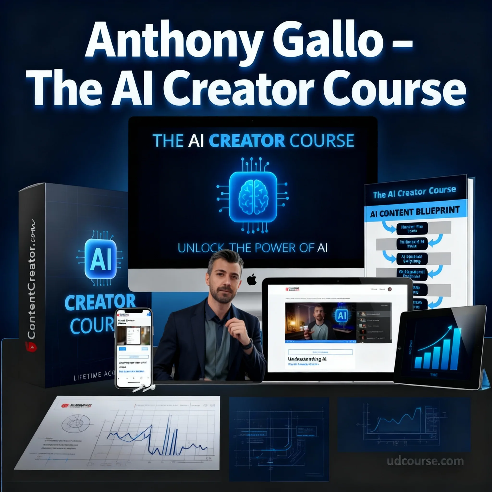Anthony Gallo AI Creator Course image with instructor and AI content creation interface elements