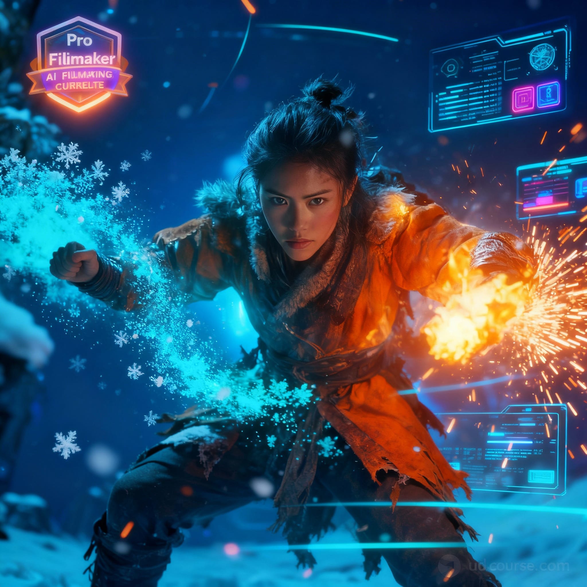 Cinematic epic hero figure with AI fire and snow effects – Curious Refuge Advanced AI Filmmaking Course hero image