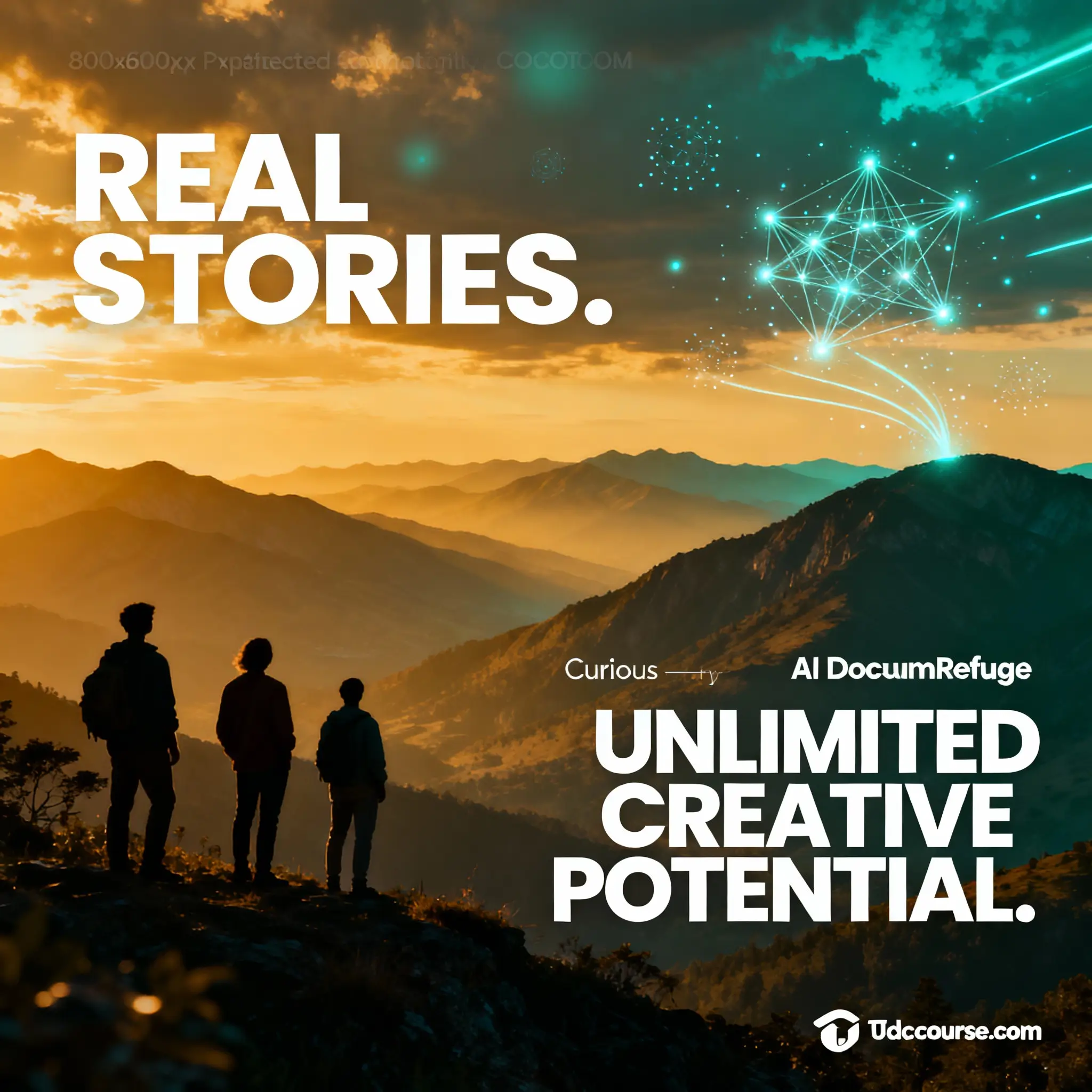 Curious Refuge AI Documentary course image with cinematic landscape, silhouettes, golden hour lighting, neural networks, and white text 'Real Stories Unlimited Creative Potential'