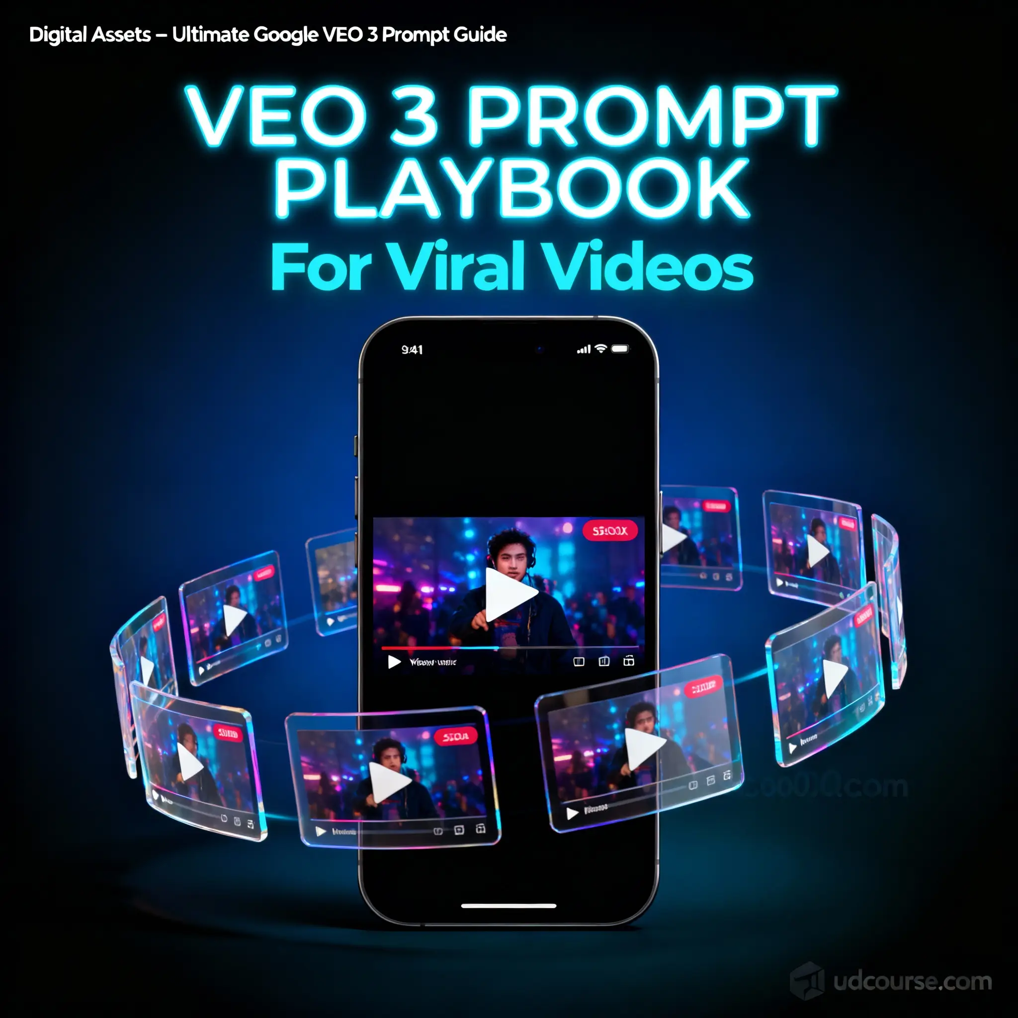 Digital Assets Google VEO 3 Prompt Guide course image with viral video thumbnails and playbook branding