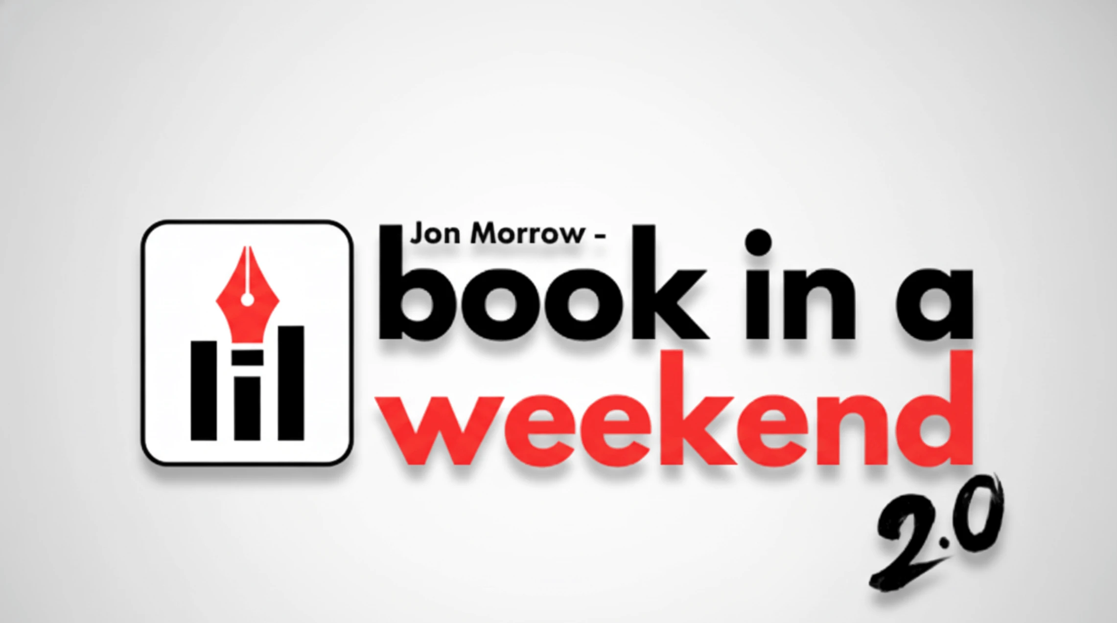 A minimalist red and white digital banner for Jon Morrow’s Book in a Weekend 2.0 course, featuring an open book and weekend calendar icon symbolizing fast book writing and publishing. 