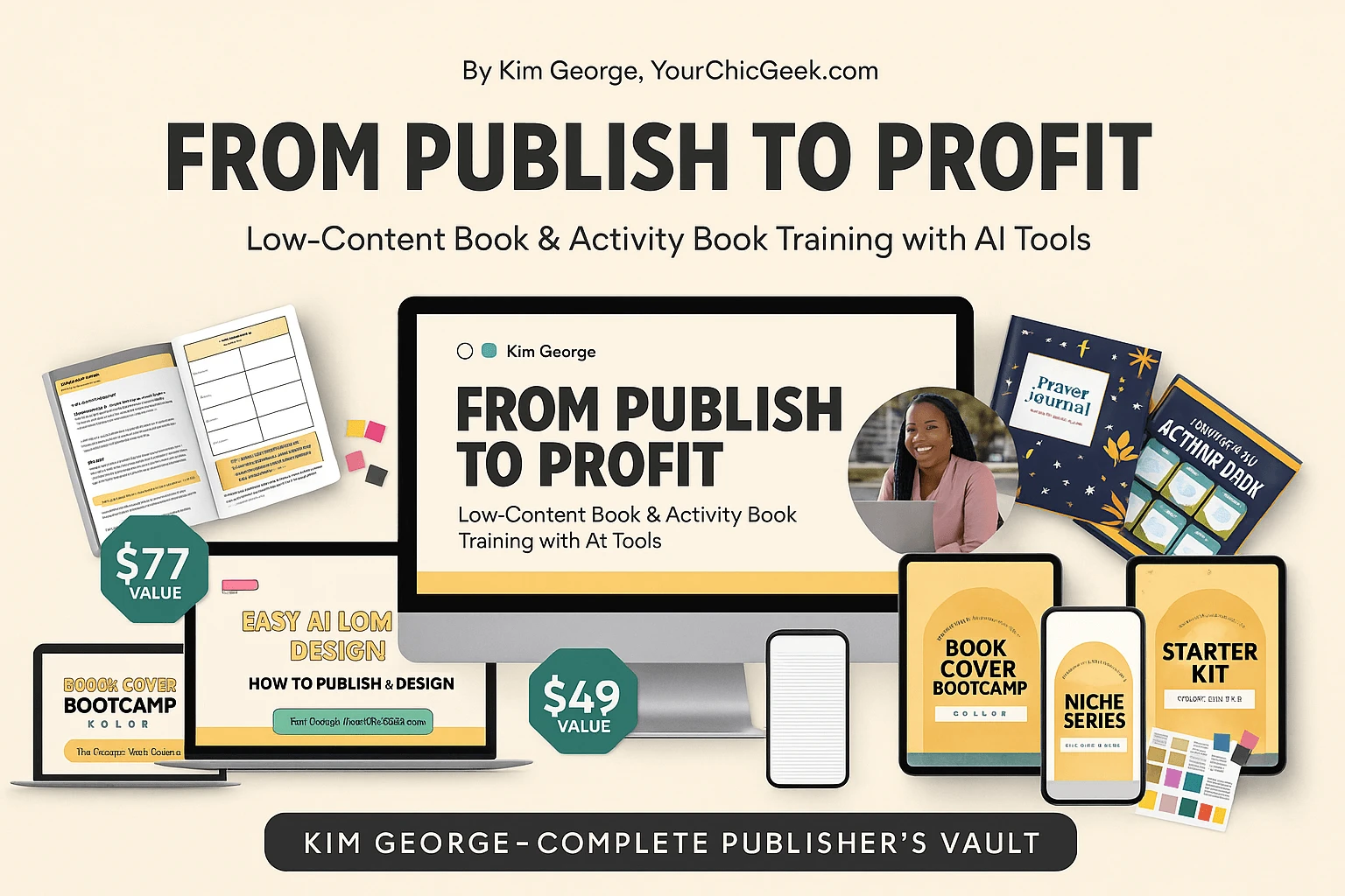A promotional digital image for Kim George’s Complete Publisher Vault course, showing books, tablets, laptops, and publishing tools. Includes training modules such as From Publish to Profit, Book Cover Bootcamp, and Easy AI Low Content Design. 