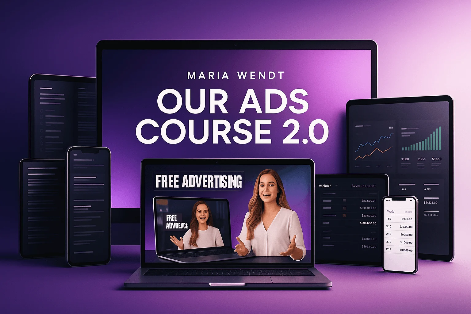 A professional digital banner for Maria Wendt’s Our Ads Course 2.0 featuring laptops, tablets, and smartphones displaying marketing dashboards and ad results on a clean purple-white gradient background. 