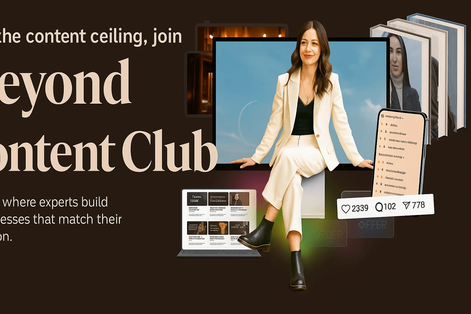 Promotional image for May Castillo’s Beyond Content Club, featuring May Castillo sitting confidently beside a laptop, smartphone, and course materials, symbolizing business growth and content mastery.