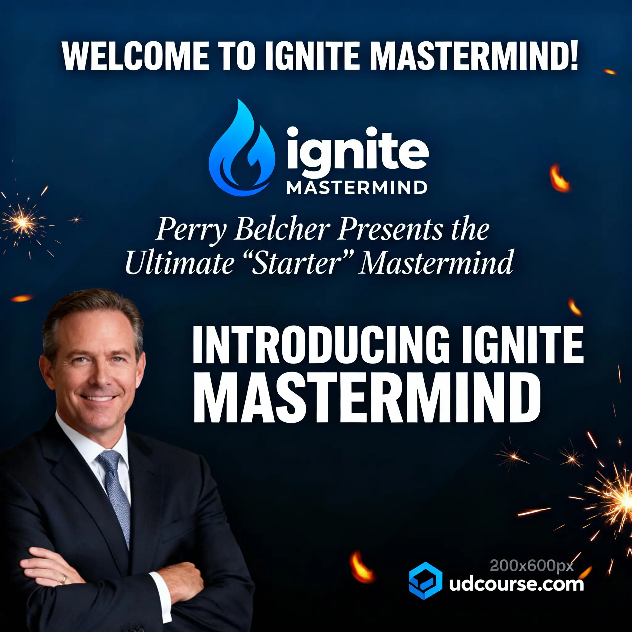 Perry Belcher Ignite Mastermind Group course image with blue flame logo, dark navy background, dramatic typography, and professional instructor photo"