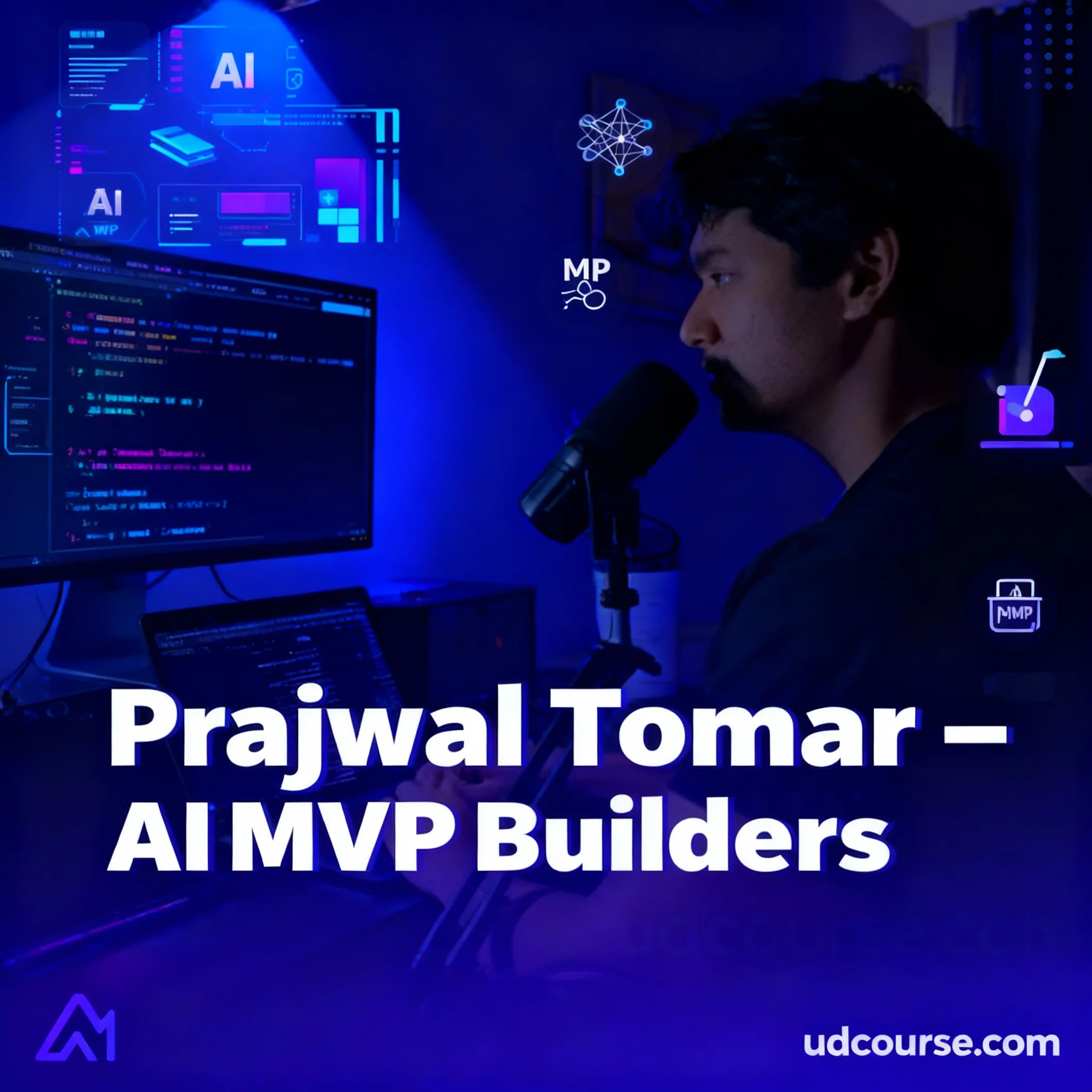 Prajwal Tomar AI MVP Builders course image with instructor and AI neural network interface elements 