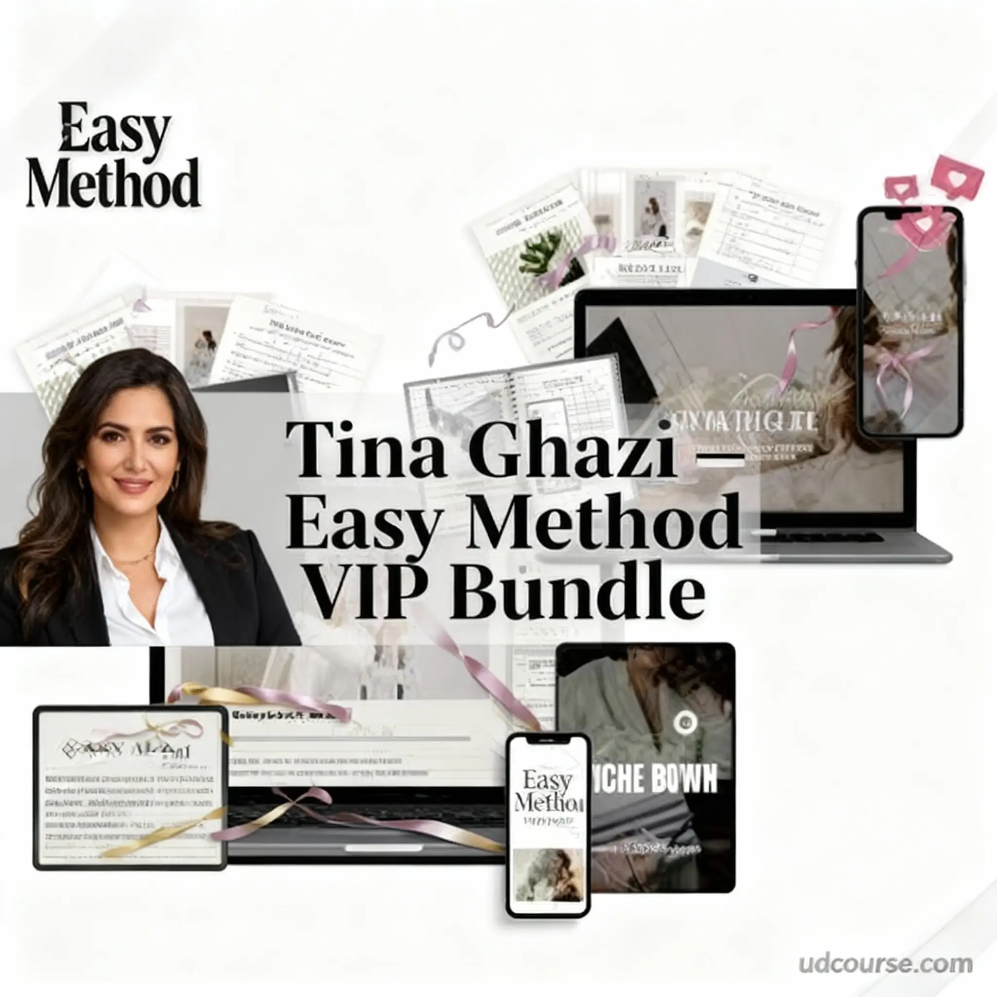 Tina Ghazi Easy Method VIP Bundle course image with product mockups including guides, workbooks, laptop, tablet, smartphone, planner pages, and elegant branding