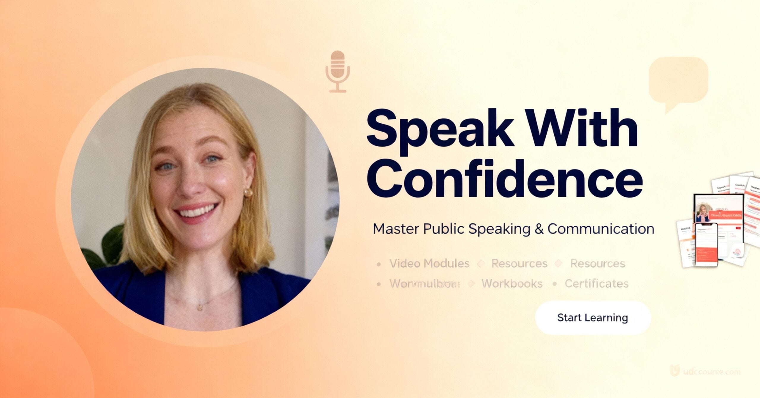 Annelise McCarthy Speak With Confidence course hero—warm peachy gradient, confident professional portrait, benefit icons