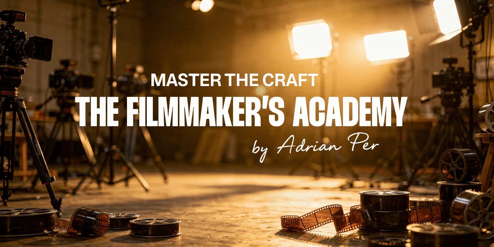 The Filmmaker's Academy by Adrian Per course cover featuring cinematic filmmaking training, lighting setups, and visual storytelling for creators 