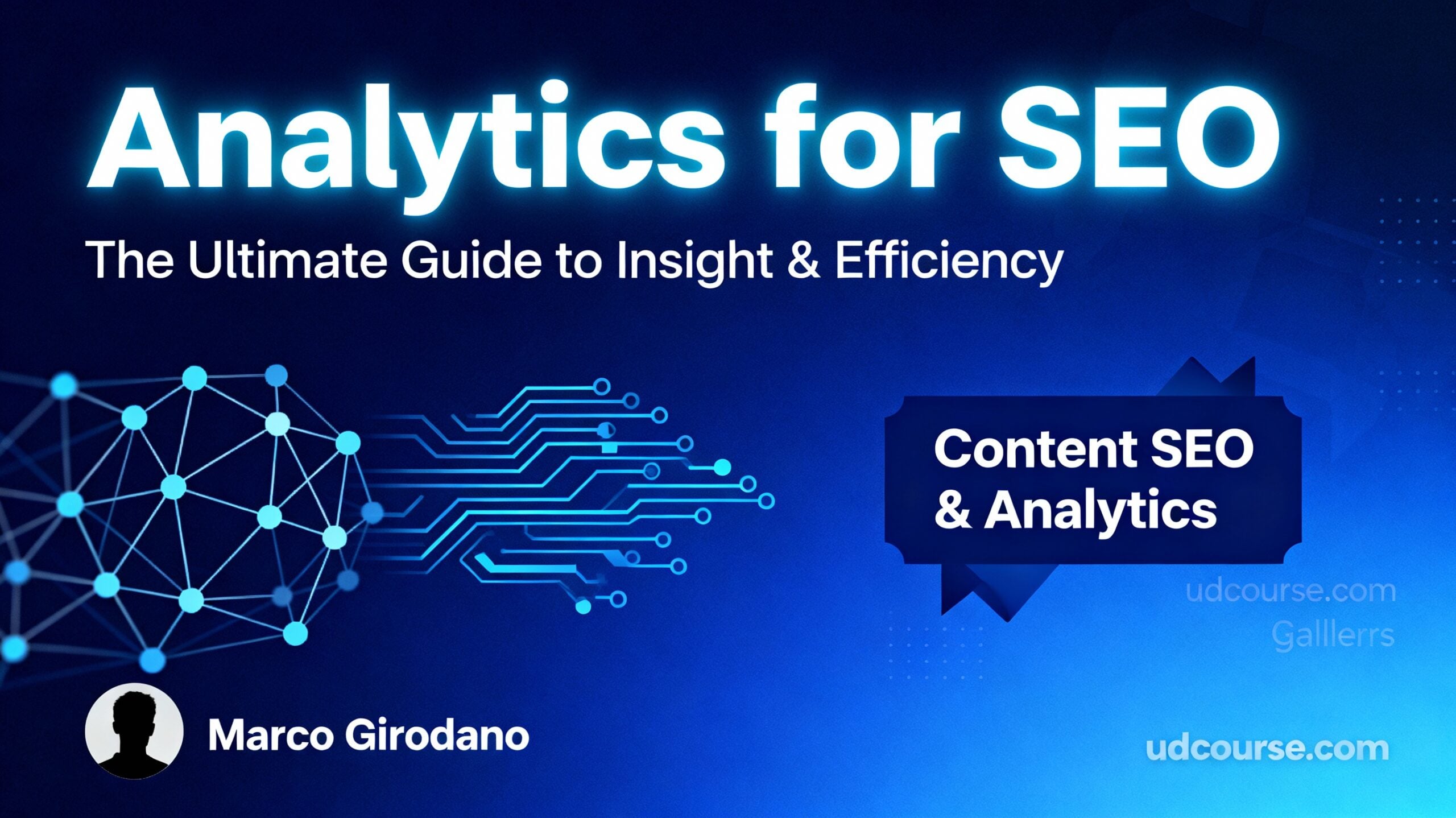 Analytics For SEO course hero image—deep blue tech background, data network nodes, bold white and blue headline, digital chart lines, Content SEO & Analytics badge