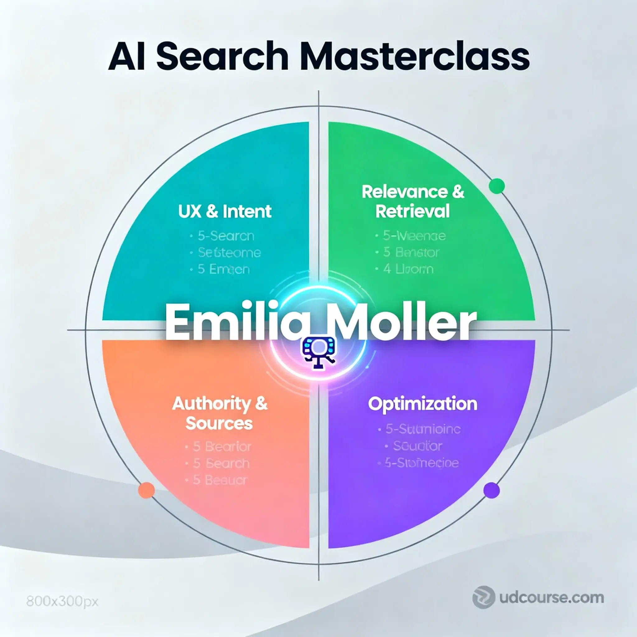 Emilia Moller AI Search Masterclass course image with four-quadrant framework showing UX & Intent, Relevance & Retrieval, Authority & Sources, and Optimization with central AI search icon on gray background