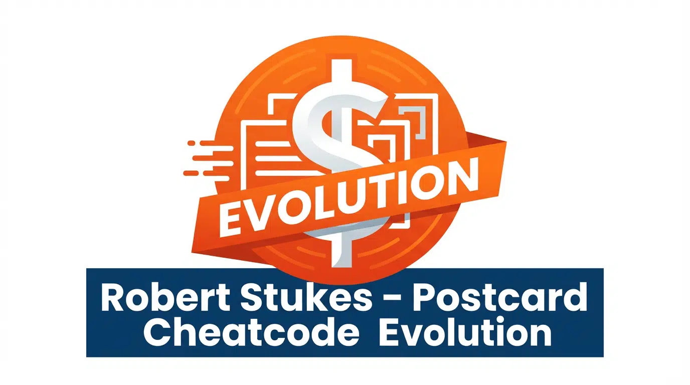 Logo for Robert Stukes - Postcard Cheatcode Evolution course, featuring an orange icon with a dollar sign and the word "EVOLUTION" on a banner, and a blue text box with the course title below it.