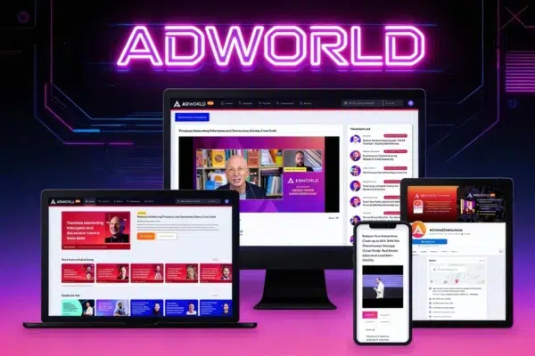 Ad World Pro bundle logo and dashboard featuring digital marketing masterclasses, speaker slides, and event replays.