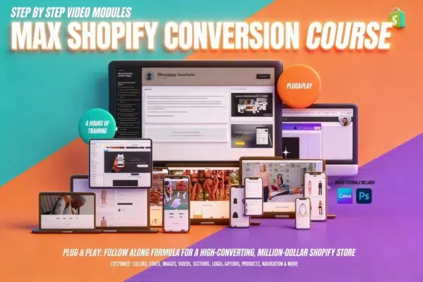 David Kollar Max Conversion Shopify Course mockup showing a high-converting store template on a laptop and mobile screen.