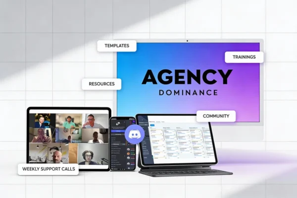 Digital mockup of Keaton Walker Agency Dominance course dashboard showing GoHighLevel automations and agency SOP documents.