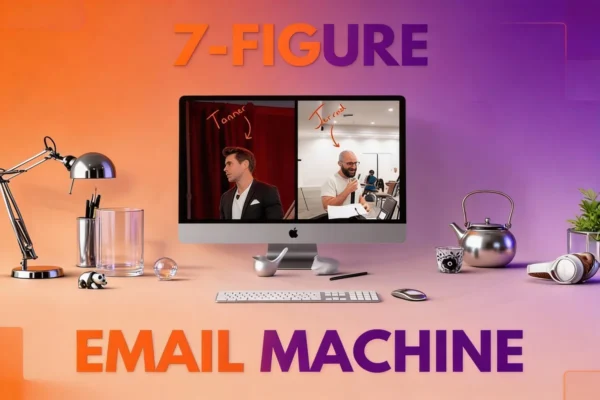 7-Figure Email Machine course logo and digital training modules for mastering direct response email marketing profits.