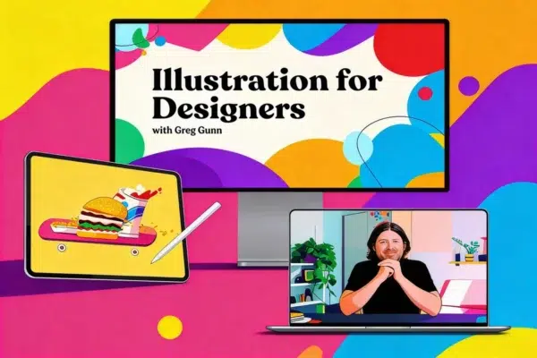 Greg Gunn Illustration for Designers course cover featuring stylized vector shapes and professional design principles.