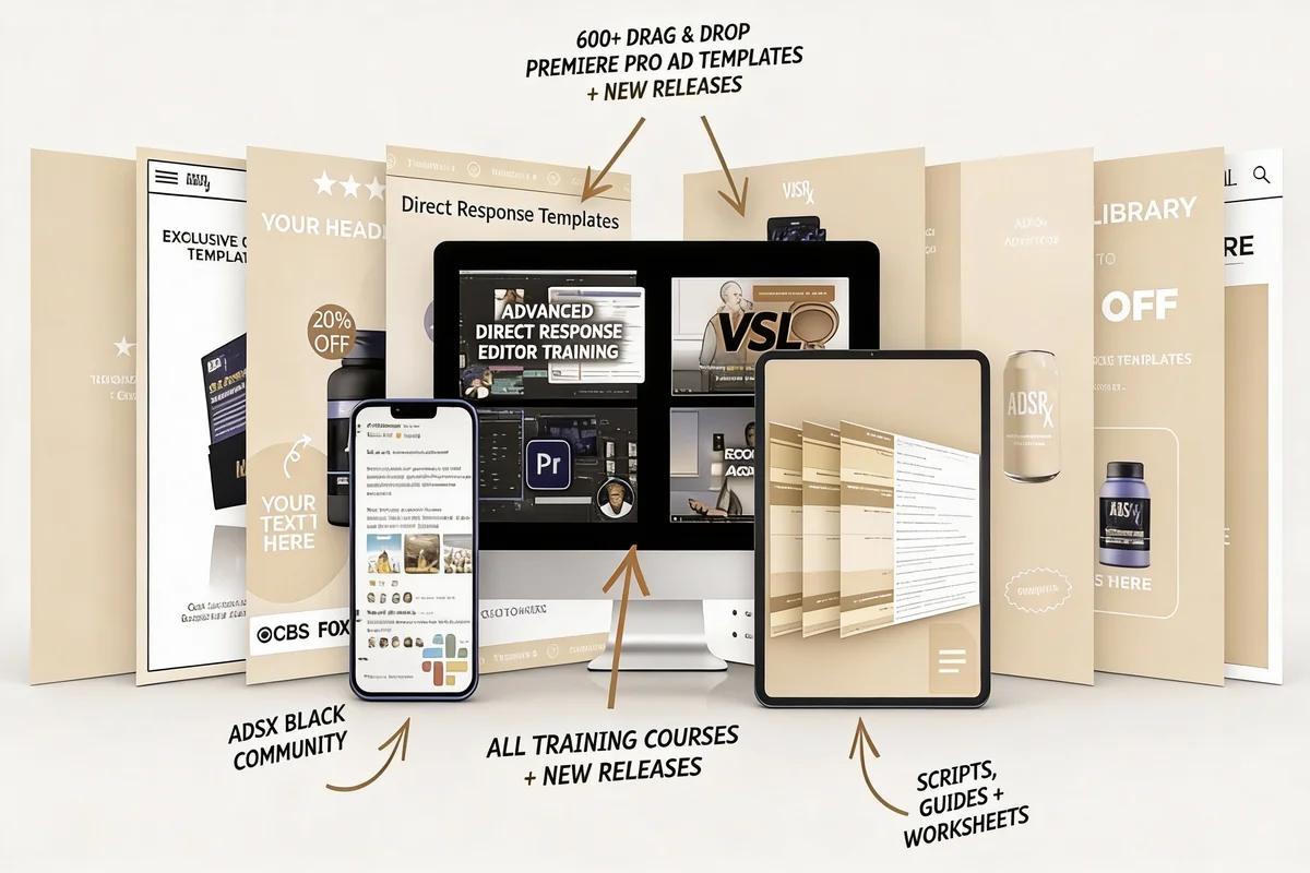 AdsRx All Access Membership video ad training by Jon Reyes showing Premiere Pro templates and direct response frameworks
