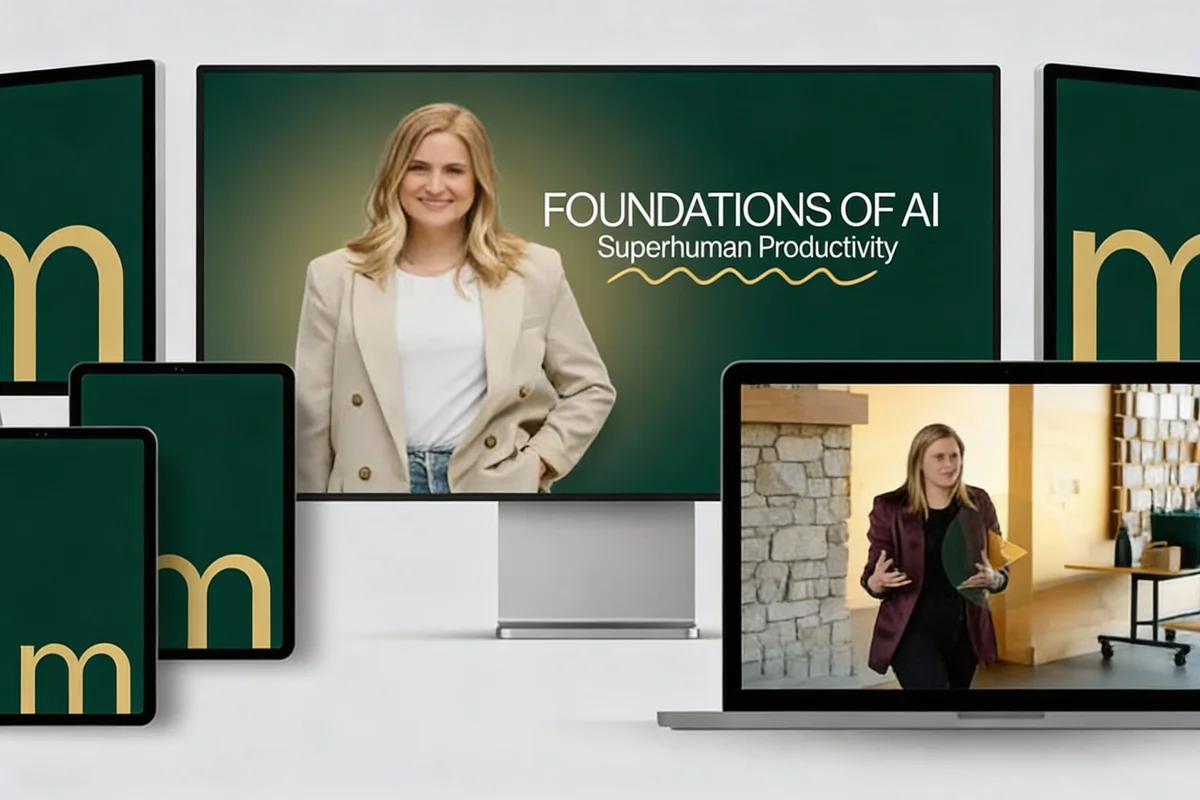 Foundations of AI Superhuman Productivity course by Callan Faulkner showing AI workflow systems and prompt frameworks