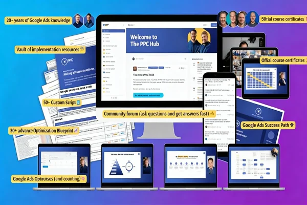 PPC Mastery training dashboard showing Google Ads course modules, Performance Max strategies, and community features by Miles McNair and Bob Meijer