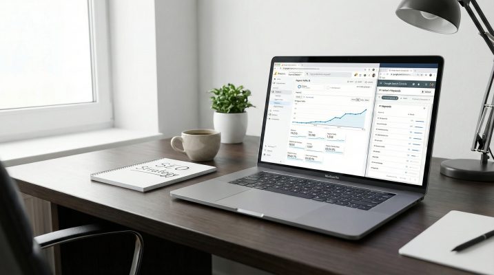 Professional SEO workspace showing MacBook Pro displaying Google Analytics organic traffic growth dashboard and Google Search Console keyword ranking data with #1 positions, coffee cup, SEO strategy notebook, and minimalist office setup