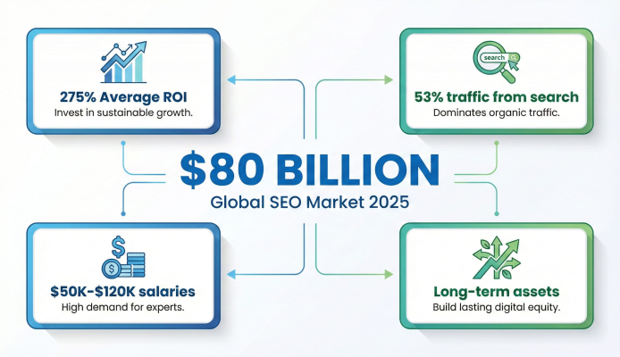 SEO industry statistics infographic 2025 displaying $80 billion global market size, 275% average ROI, 53% search traffic dominance, $50K-$120K salary ranges, and long-term digital asset building potential with blue and green data visualization