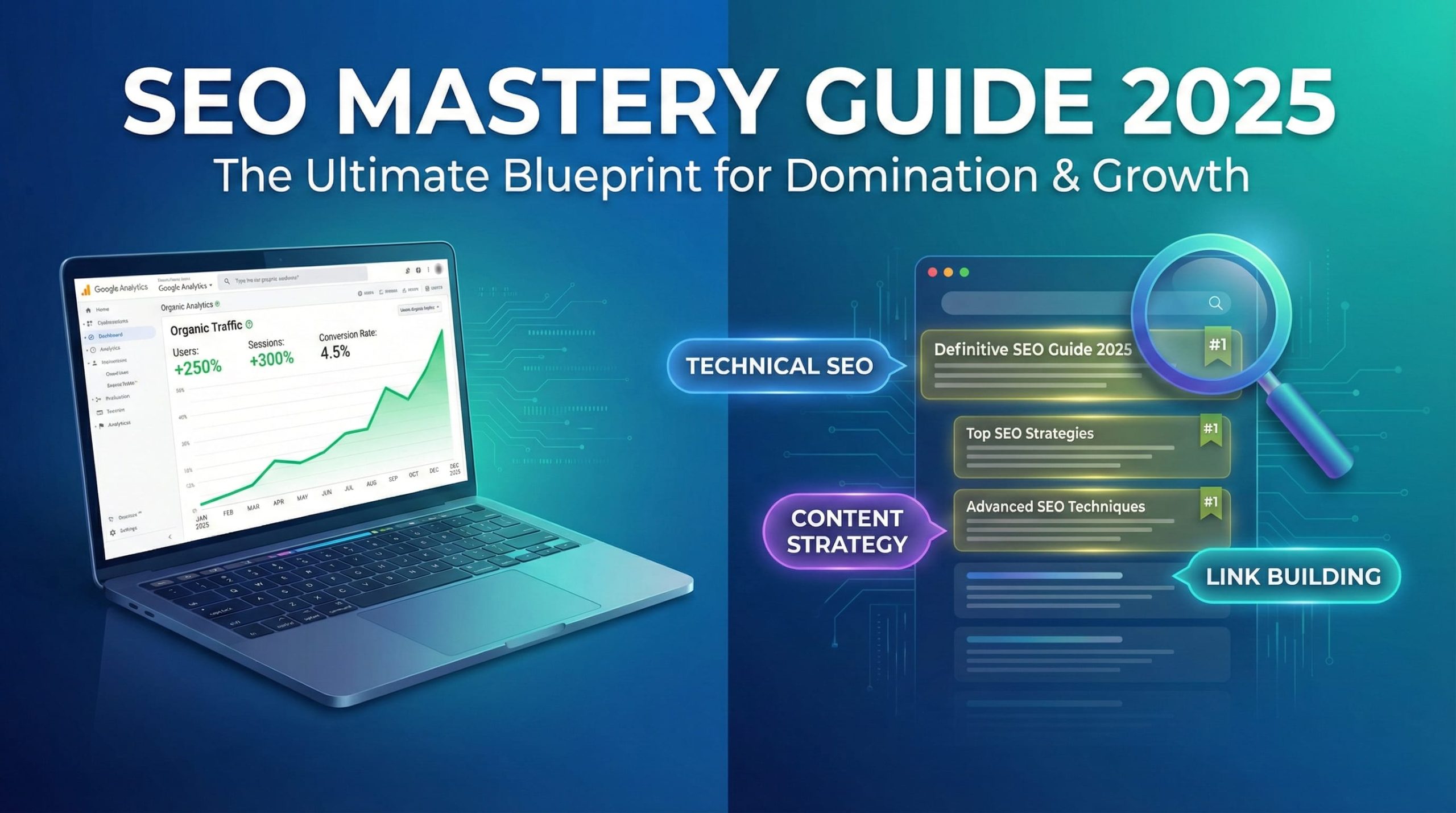 SEO mastery guide 2025 featured image showing organic traffic growth analytics, search engine rankings, and keyword optimization strategies for comprehensive search engine optimization training