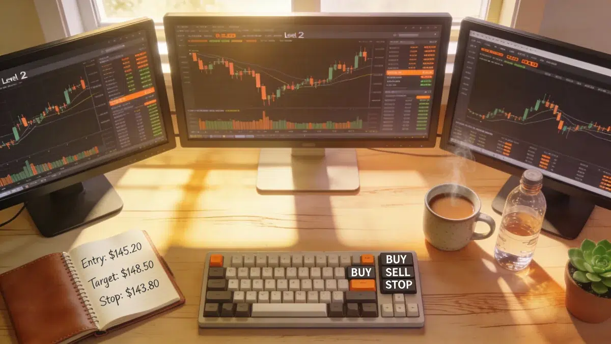 Day trading student desk setup with multiple monitors and charts