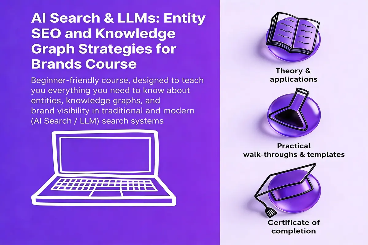 Course cover for AI Search & LLMs focusing on entity SEO strategies.